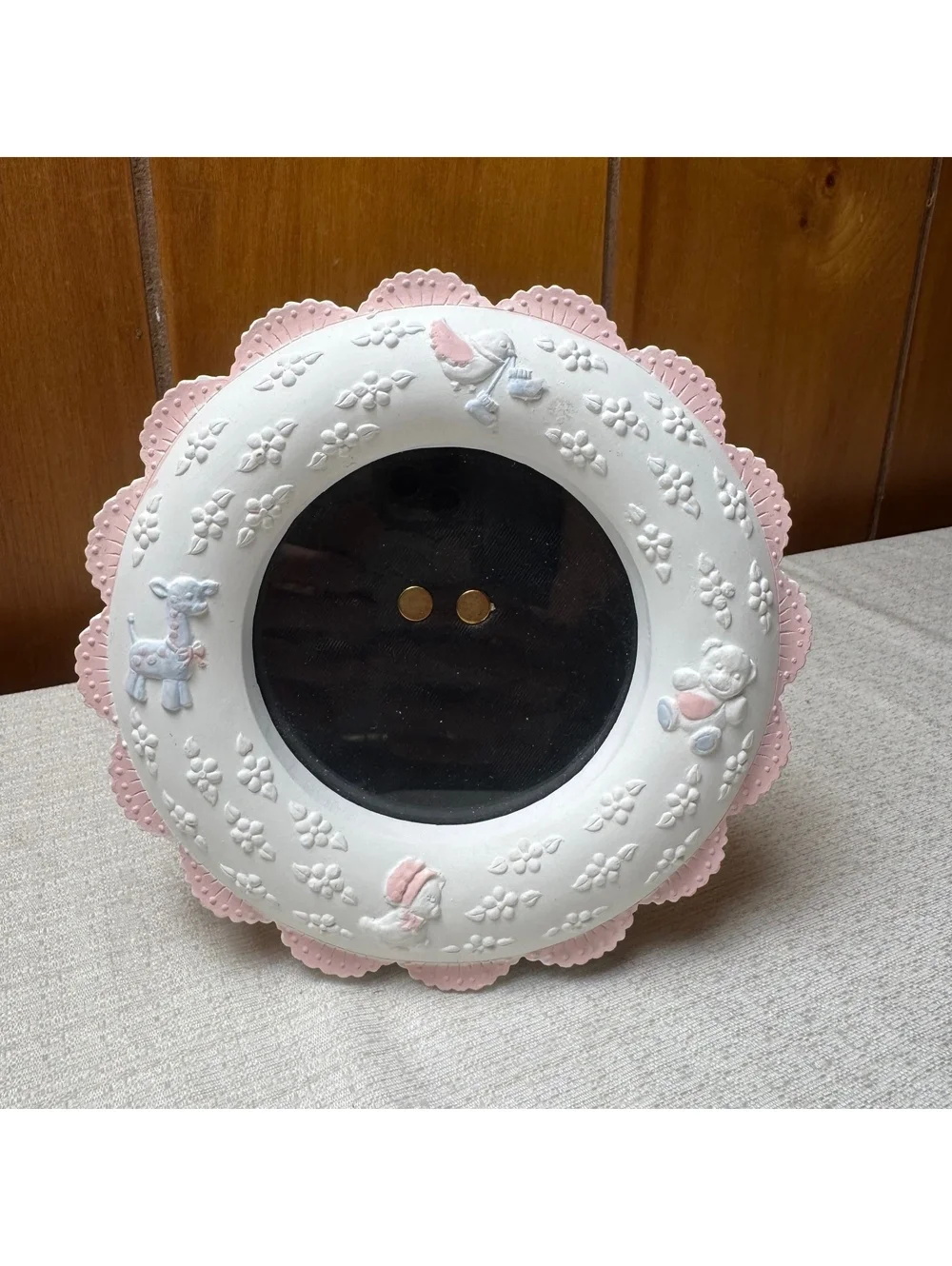 Vintage Russ Baby Photo Frame Pink Nursery 4 Inch Round Picture Frame